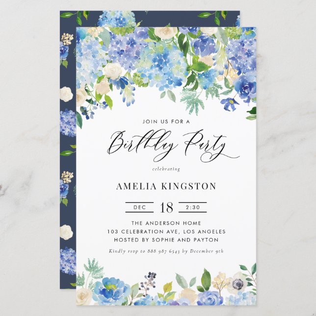 Watercolor Blue Hydrangea Birthday Invitation (Front/Back)