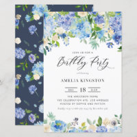 Watercolor Blue Hydrangea Birthday Invitation