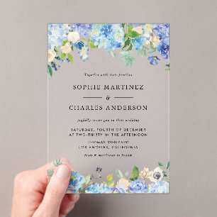 Watercolor Blue Hydrangea Botanical Wedding  Acrylic Invitations