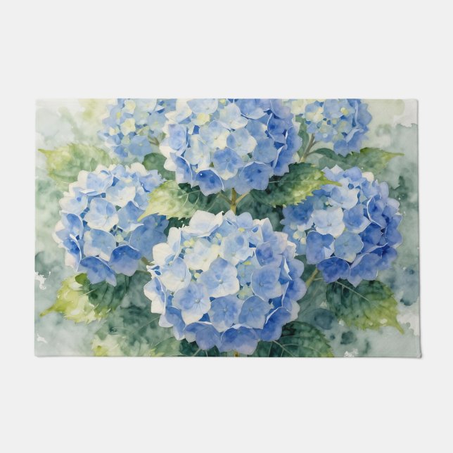 Watercolor Blue Hydrangea Bouquet Doormat (Front)