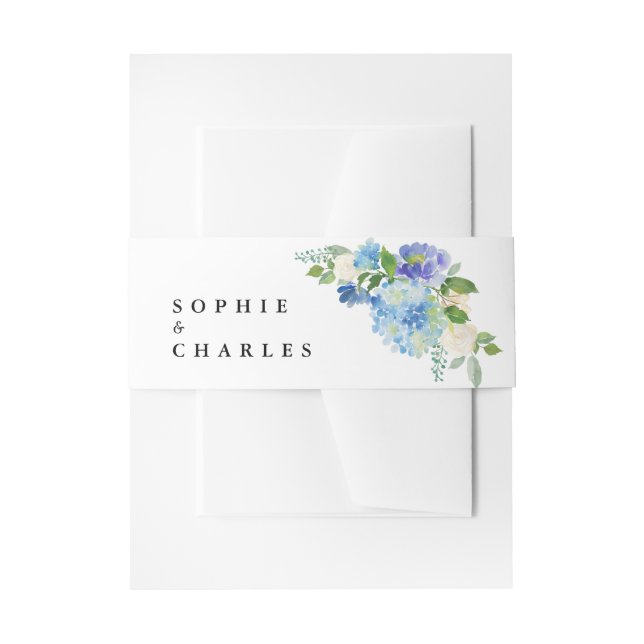 Watercolor Blue Hydrangea Bouquet Wedding Invitation Belly Band (Front Example)