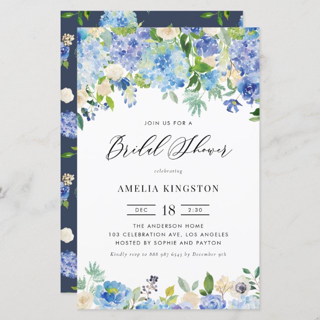 Watercolor Blue Hydrangea Bridal Shower Invitation (Front/Back)