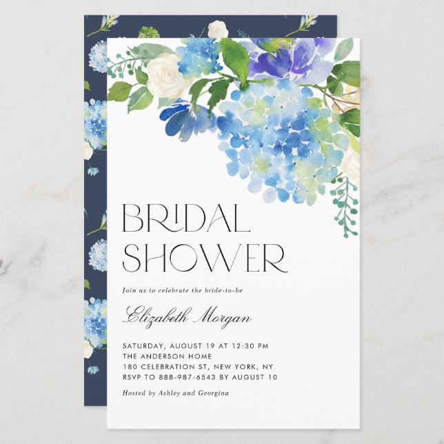 Watercolor Blue Hydrangea Bridal Shower Invitation (Front/Back)