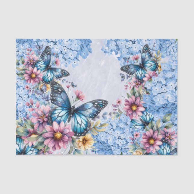 Watercolor Blue Hydrangea & Butterflies Tissue Paper (Front)