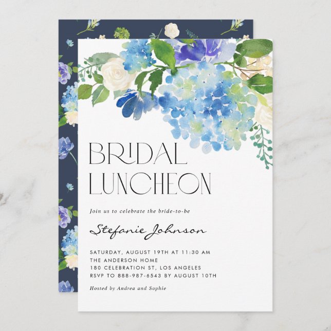 Watercolor Blue Hydrangea Floral Bridal Luncheon Invitation (Front/Back)