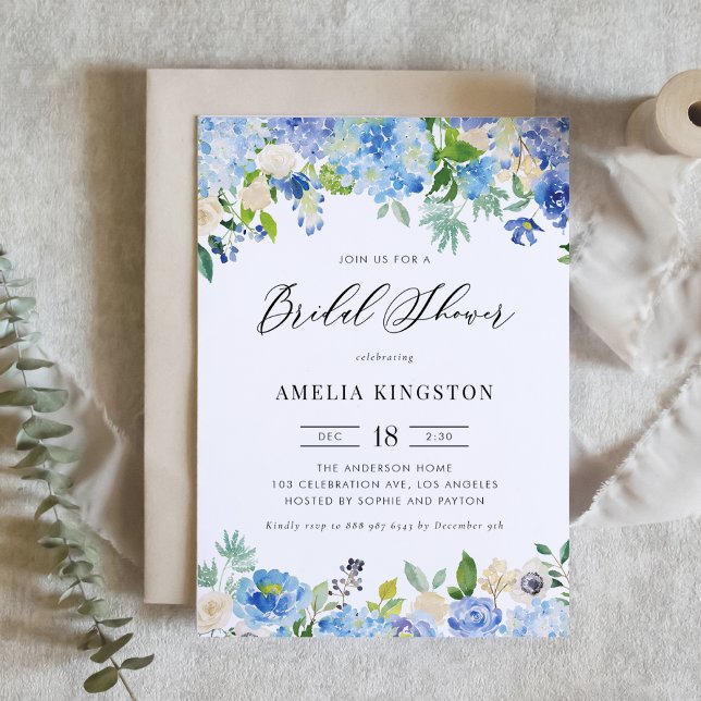 Watercolor Blue Hydrangea Floral Bridal Shower Invitation (Creator Uploaded)