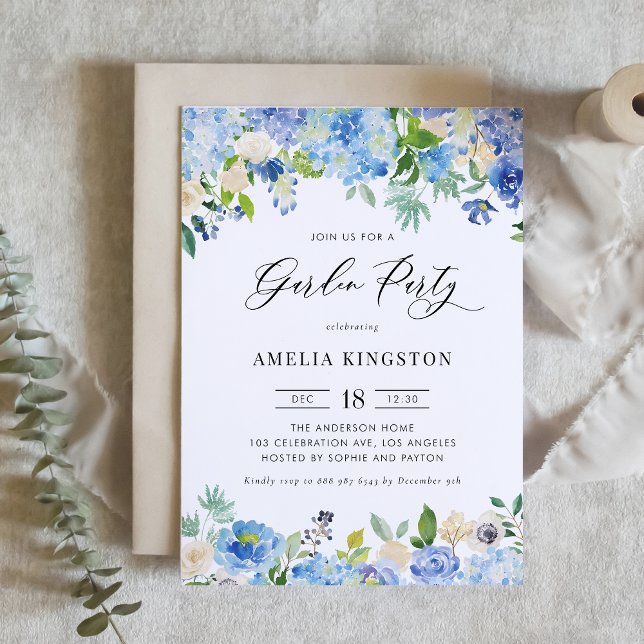 Watercolor Blue Hydrangea Floral Garden Party Invitation (Creator Uploaded)