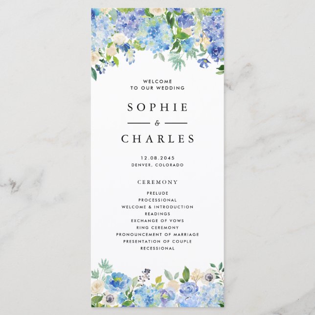 Watercolor Blue Hydrangea Floral Garland Wedding Programme (Front)