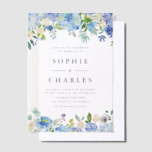 Watercolor Blue Hydrangea Floral Garland Wedding Vellum Invitations