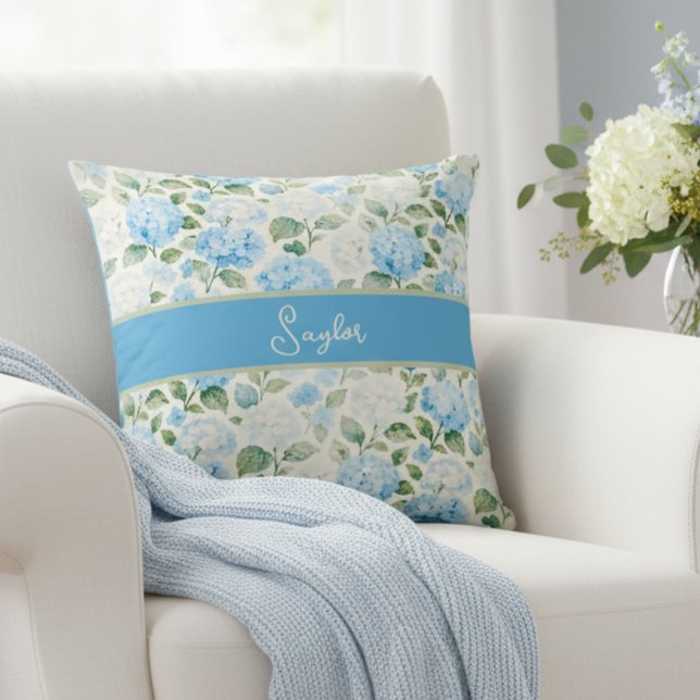 Watercolor Blue Hydrangea Floral Name Cushion (Creator Uploaded)