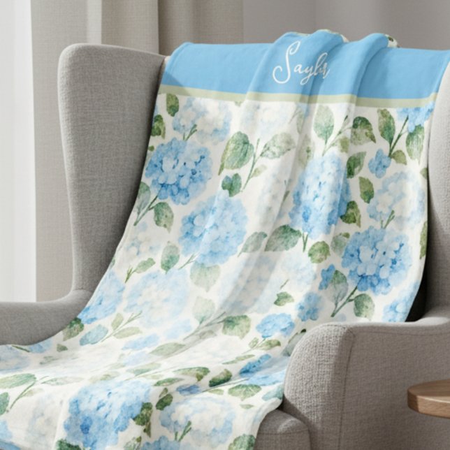 Watercolor Blue Hydrangea Floral Name Fleece Blanket (Creator Uploaded)
