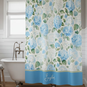 Watercolor Blue Hydrangea Floral Name Shower Curtain