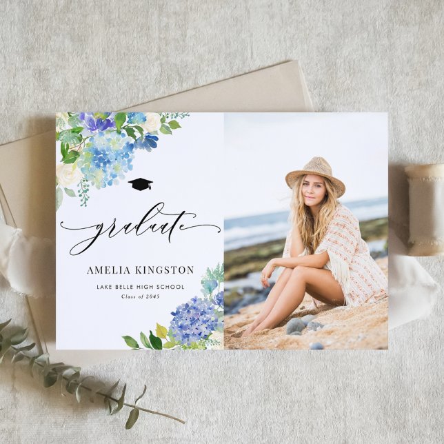 Watercolor Blue Hydrangea Floral Photo Graduation Announcement (Watercolor Blue Hydrangea Floral Photo Graduation Announcement)