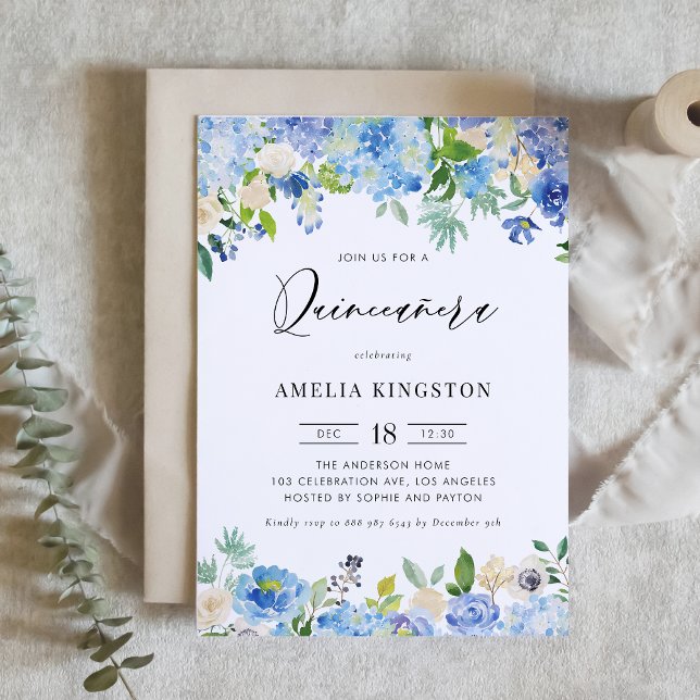 Watercolor Blue Hydrangea Floral Quinceañera Invitation (Creator Uploaded)