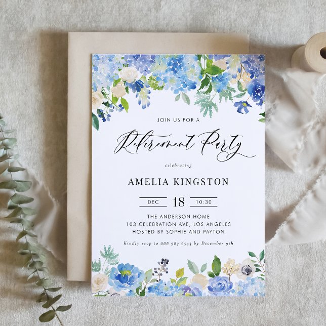 Watercolor Blue Hydrangea Floral Retirement Party Invitation (Creator Uploaded)