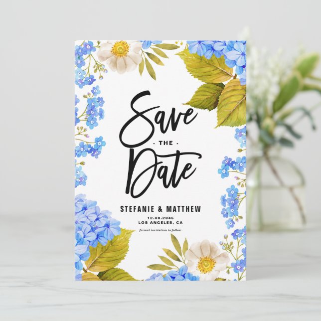 Watercolor Blue Hydrangea Floral Save The Date (Standing Front)