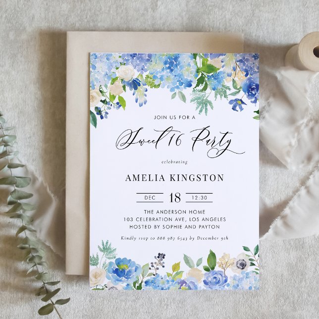 Watercolor Blue Hydrangea Floral Sweet 16 Party Invitation (Creator Uploaded)