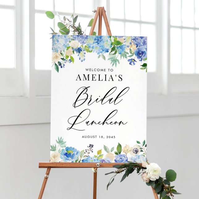 Watercolor Blue Hydrangea Flowers Bridal Luncheon Poster (Watercolor Blue Hydrangea Flowers Bridal Luncheon Welcome Sign)