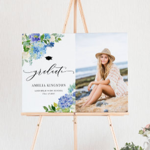 Watercolor Blue Hydrangea Flowers Photo Graduation Poster