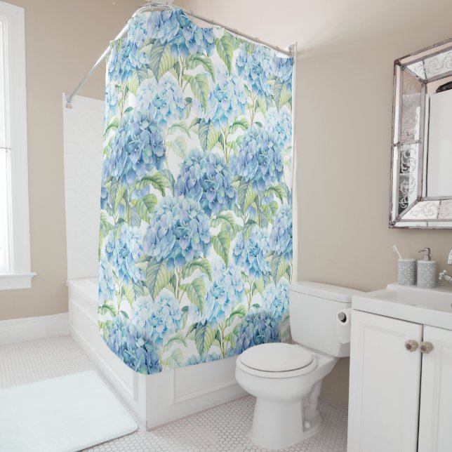 Watercolor Blue Hydrangea Flowers Shower Curtain (In Situ)