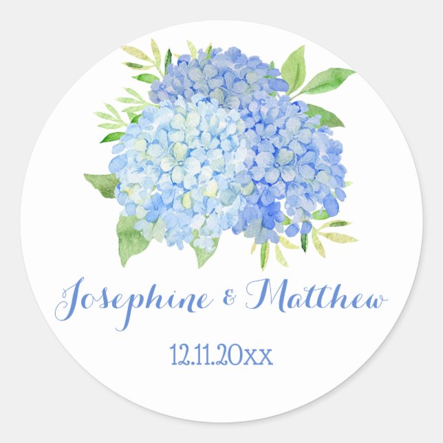 Watercolor Blue Hydrangea Flowers Wedding Classic Round Sticker (Front)