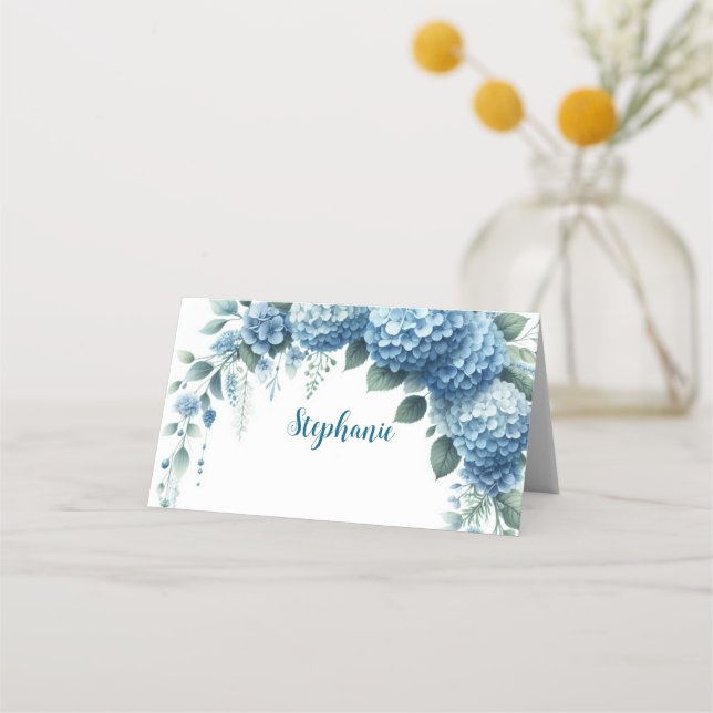 Watercolor Blue Hydrangea Name Holder Place Card (Front)