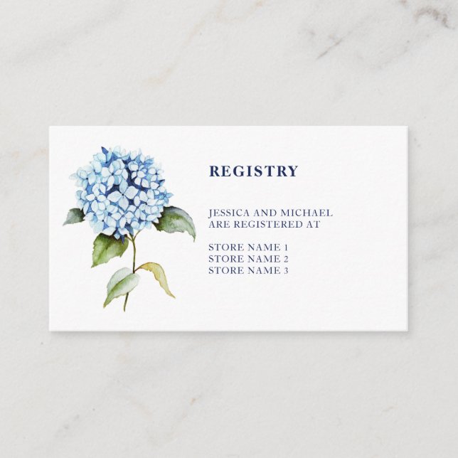 Watercolor Blue Hydrangea Navy Wedding Registry Enclosure Card (Front)