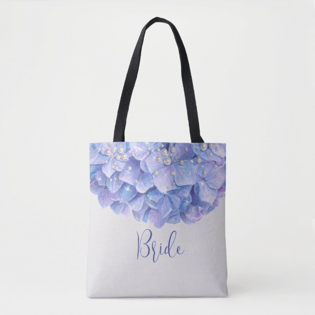 Watercolor Blue Hydrangea Pearl Bridal Party Tote Bag (Front)