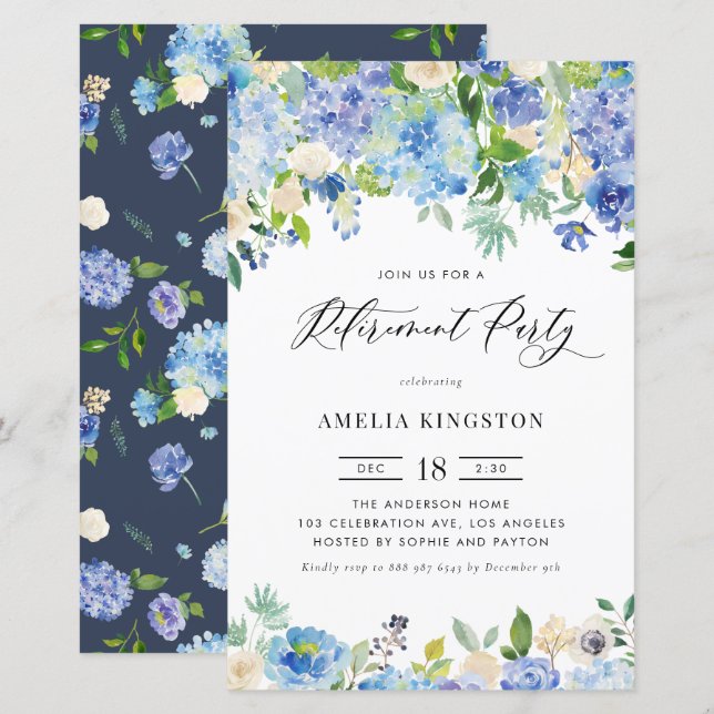 Watercolor Blue Hydrangea Retirement Invitation (Front/Back)