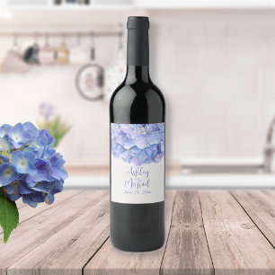 Watercolor Blue Hydrangea Wedding Guests Gifts Wine Label