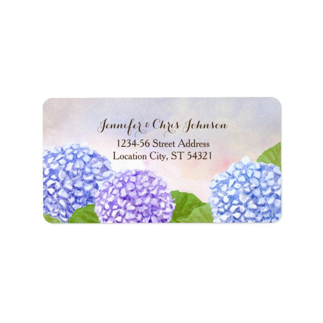 Watercolor Blue Hydrangea Wedding Label (Front)