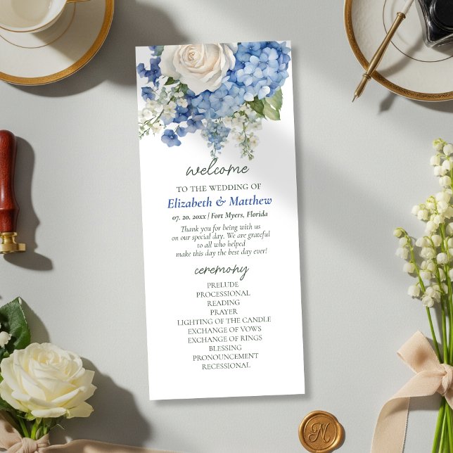 Watercolor Blue Hydrangea White Roses Wedding Programme (Creator Uploaded)