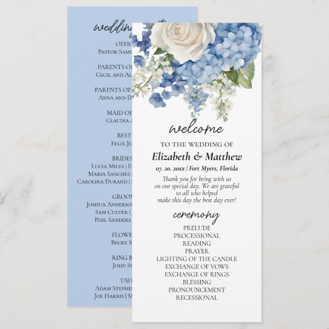 Watercolor Blue Hydrangea White Roses Wedding Programme (Front/Back)
