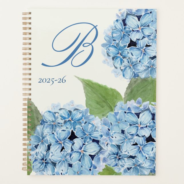 Watercolor Blue Hydrangea with Initial  Planner (Front)