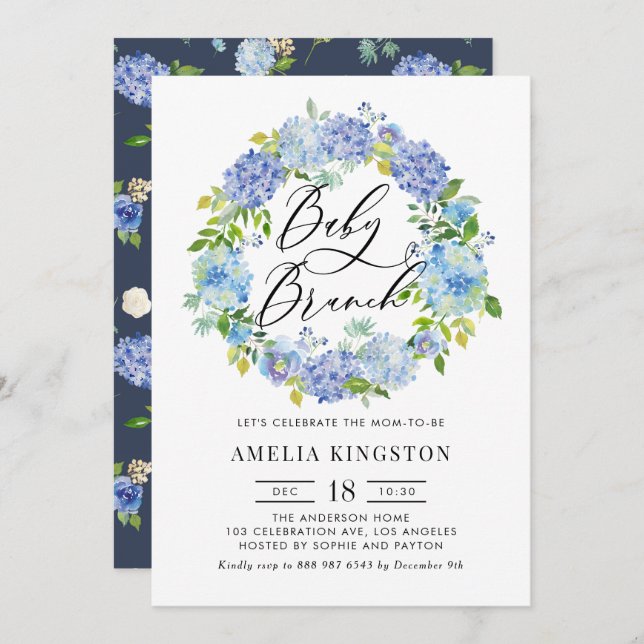 Watercolor Blue Hydrangea Wreath Baby Brunch Invitation (Front/Back)
