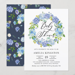 Watercolor Blue Hydrangea Wreath Baby Shower Invitation