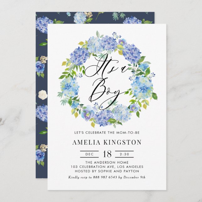 Watercolor Blue Hydrangea Wreath It's a Boy Invitation (Front/Back)