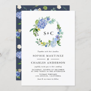 Watercolor Blue Hydrangea Wreath Wedding Invitation