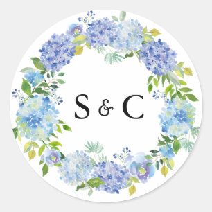 Watercolor Blue Hydrangea Wreath Wedding Monogram Classic Round Sticker