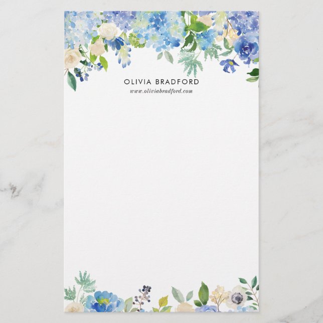 Watercolor Blue Hydrangeas Personalised Stationery (Front)