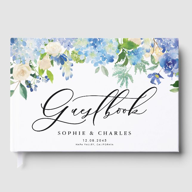 Watercolor Blue Hydrangeas Wedding Guest Book (Front)