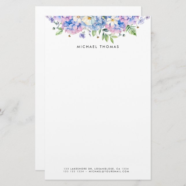 Watercolor Blue Hydrangeas & White Flowers Floral  Stationery (Front/Back)