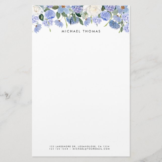 Watercolor Blue Hydrangeas & White Roses Floral  Stationery (Front)