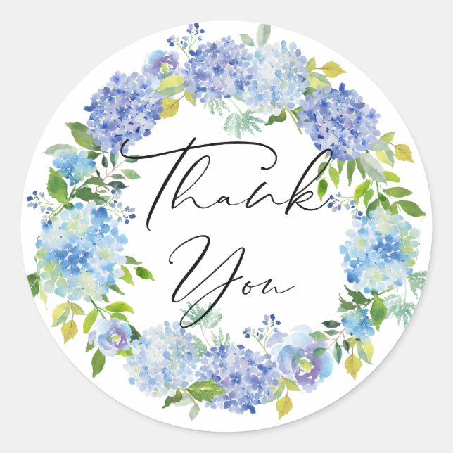 Watercolor Blue Hydrangeas Wreath Thank You Classic Round Sticker (Front)