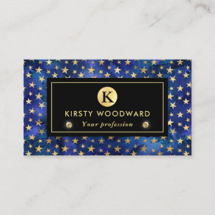 Watercolor Blue Ink Pattern with Gold Stars Business Card
