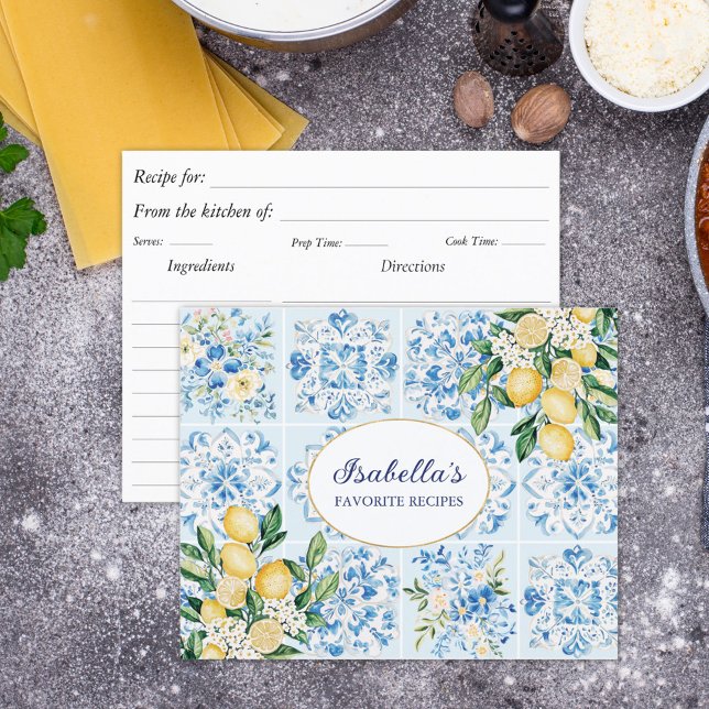 Watercolor Blue Italian Tile Lemon Recipe Card (In situ)