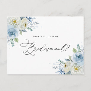 Watercolor Blue & Ivory Roses Bridesmaid Proposal Postcard