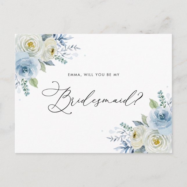 Watercolor Blue & Ivory Roses Bridesmaid Proposal Postcard (Front)