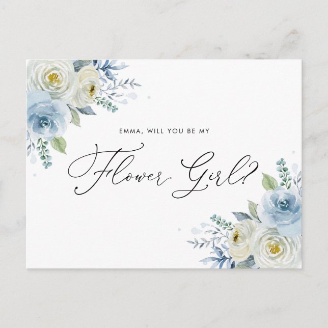 Watercolor Blue & Ivory Roses Flower Girl Proposal Postcard (Front)