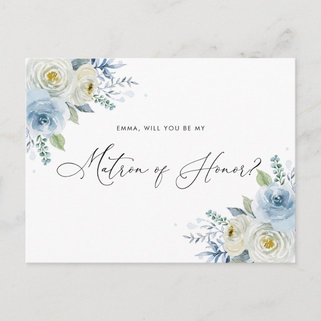 Watercolor Blue & Ivory Roses Matron of Honour Postcard (Front)